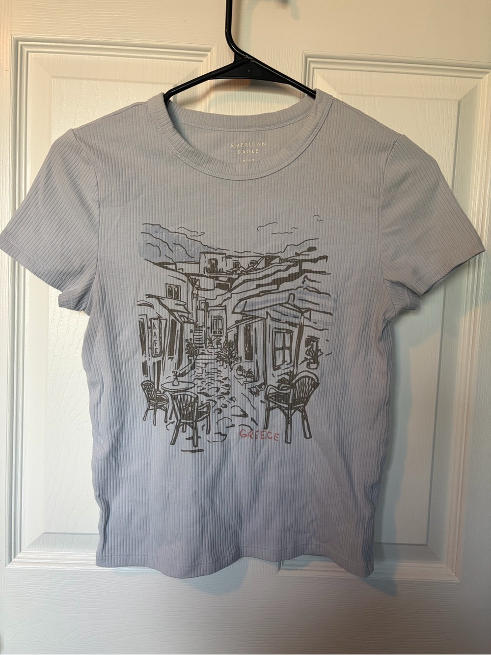 American Eagle Outfitters Light Blue Ribbed Graphic Tee - Greece Sketch